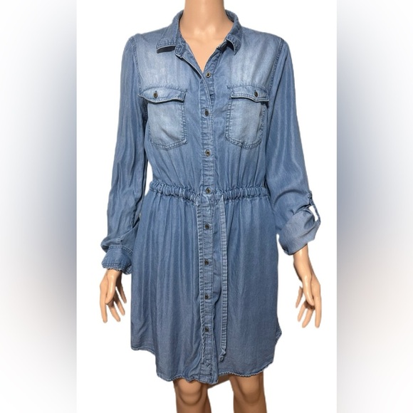 Love Tree Women’s Dress L Chambray Blue Tencel Button Front Elastic Waist - Picture 1 of 8